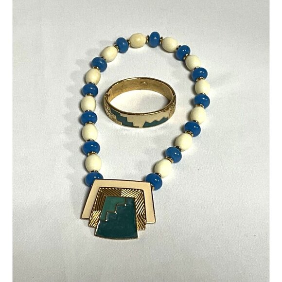 Trifari Aztec Geometric Necklace & Bracelet Set Gold Turquoise Blue Cream Enamel - Picture 2 of 7
